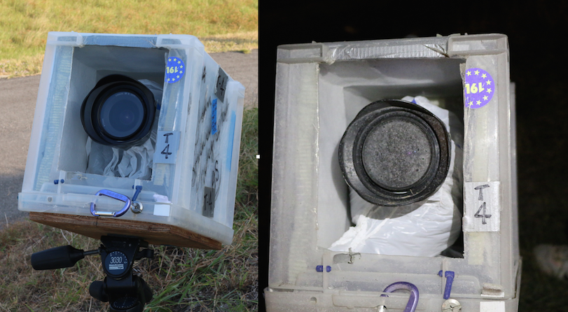When you compare the pre-launch photo of equipment on the left to the post-launch photo on the right you can see just how powerful the exhaust blast from the rocket is. Besides the corrosive fuel residue caking the lens, you can see the bottom of the container has been strained apart. (Kelly Calagna/MEDILL)